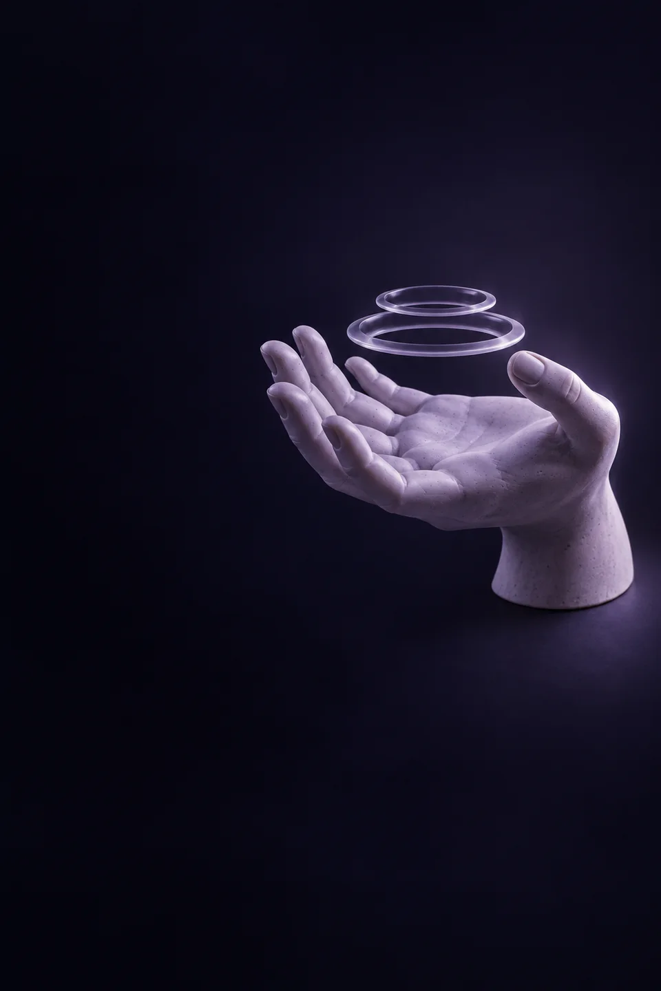 A sculpted hand beneath two floating violet rings