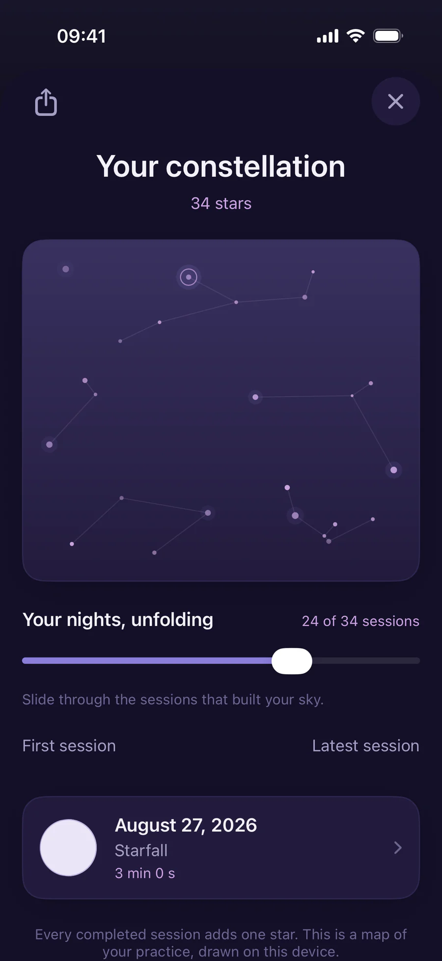 Saved breathing sessions shown as stars in the Vespera constellation