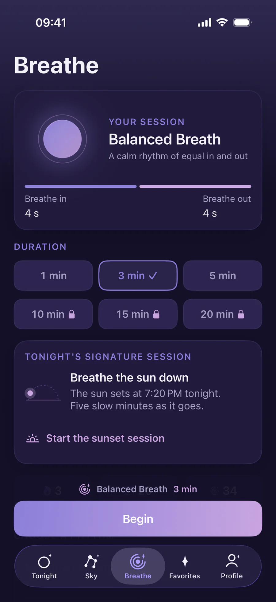 The Breathe screen with a sunset session in Vespera Ritual