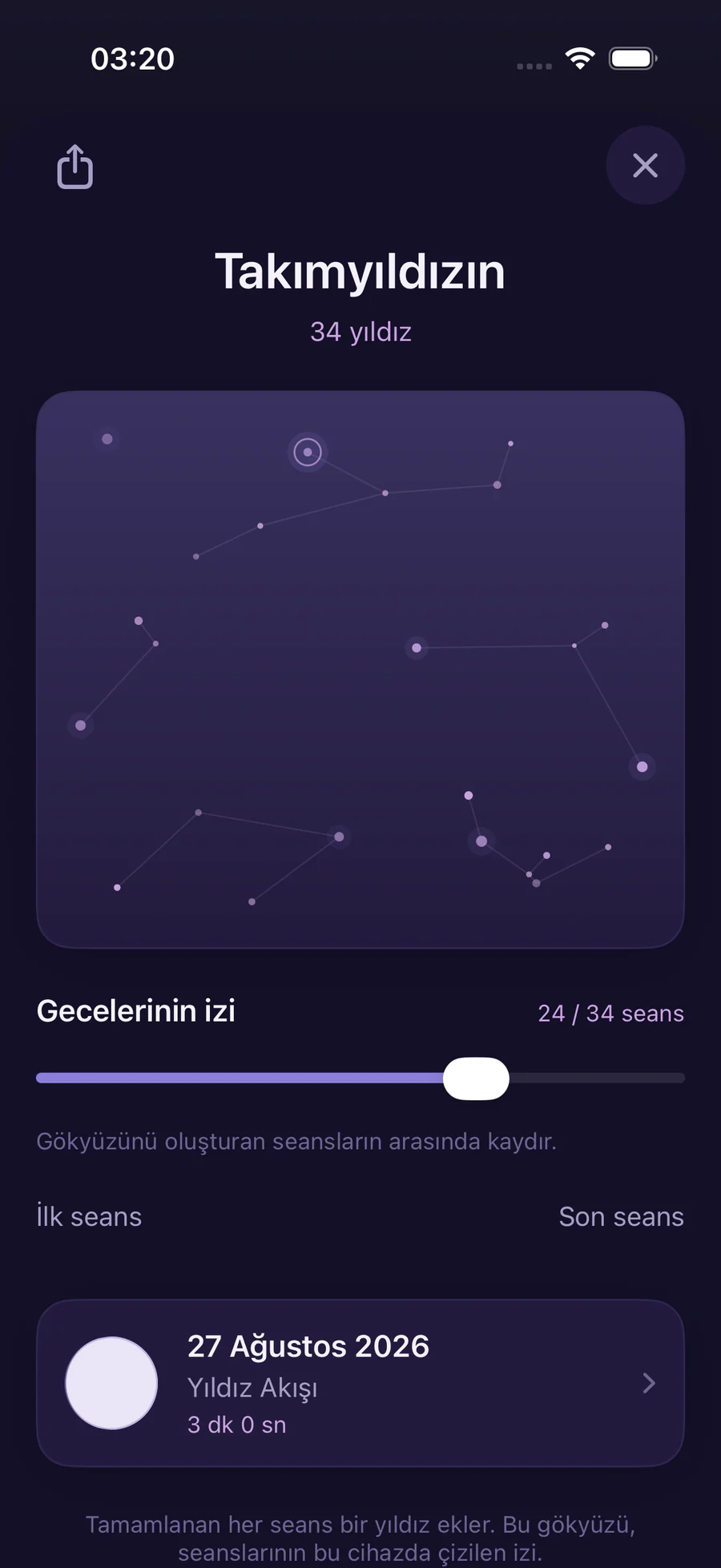 Vespera takımyıldızında yıldızlar olarak görünen kayıtlı nefes seansları